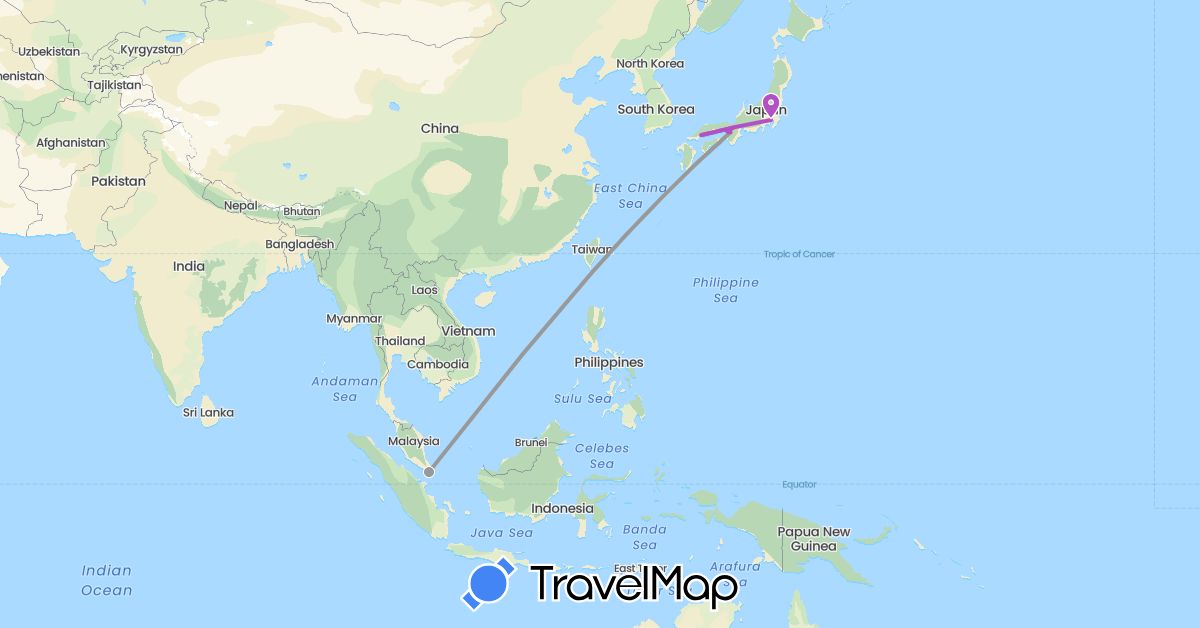 TravelMap itinerary: driving, plane, train in Japan, Singapore (Asia)